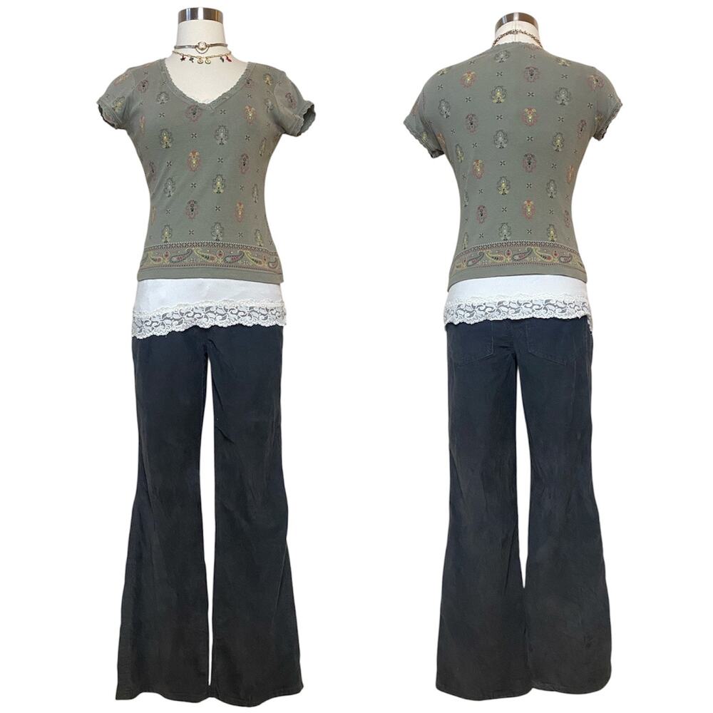 No Boundaries Y2K Vintage Green Paisley Baby Tee Crop Top Fairycore Summer